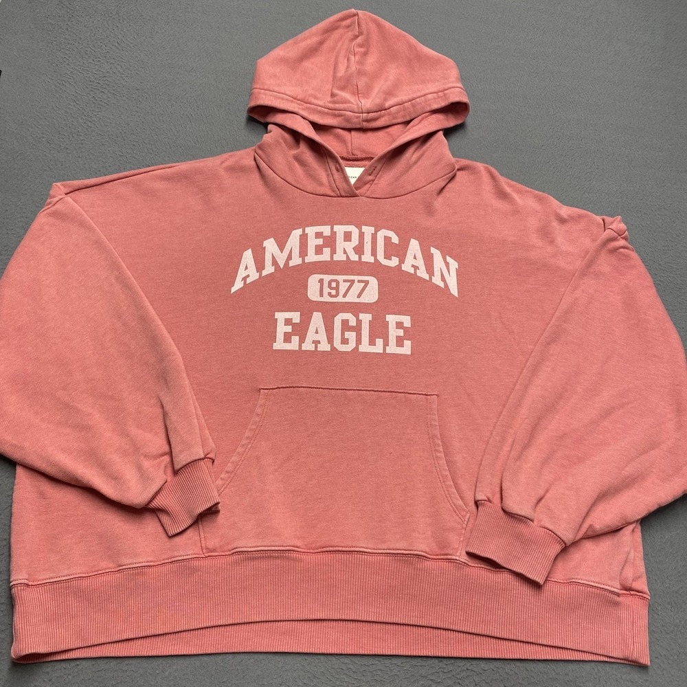 American Eagle Hoodie Sweatshirt Womens Large Pink Pullover Fleece Logo Pockets